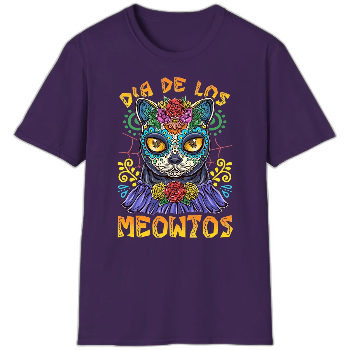 Día de los Meowtos Sugar Skull Cat T-Shirt in Purple