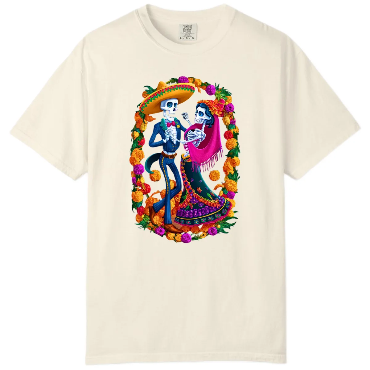 Dancing Calavera Couple in a Marigold Frame Comfort Color in Ivory