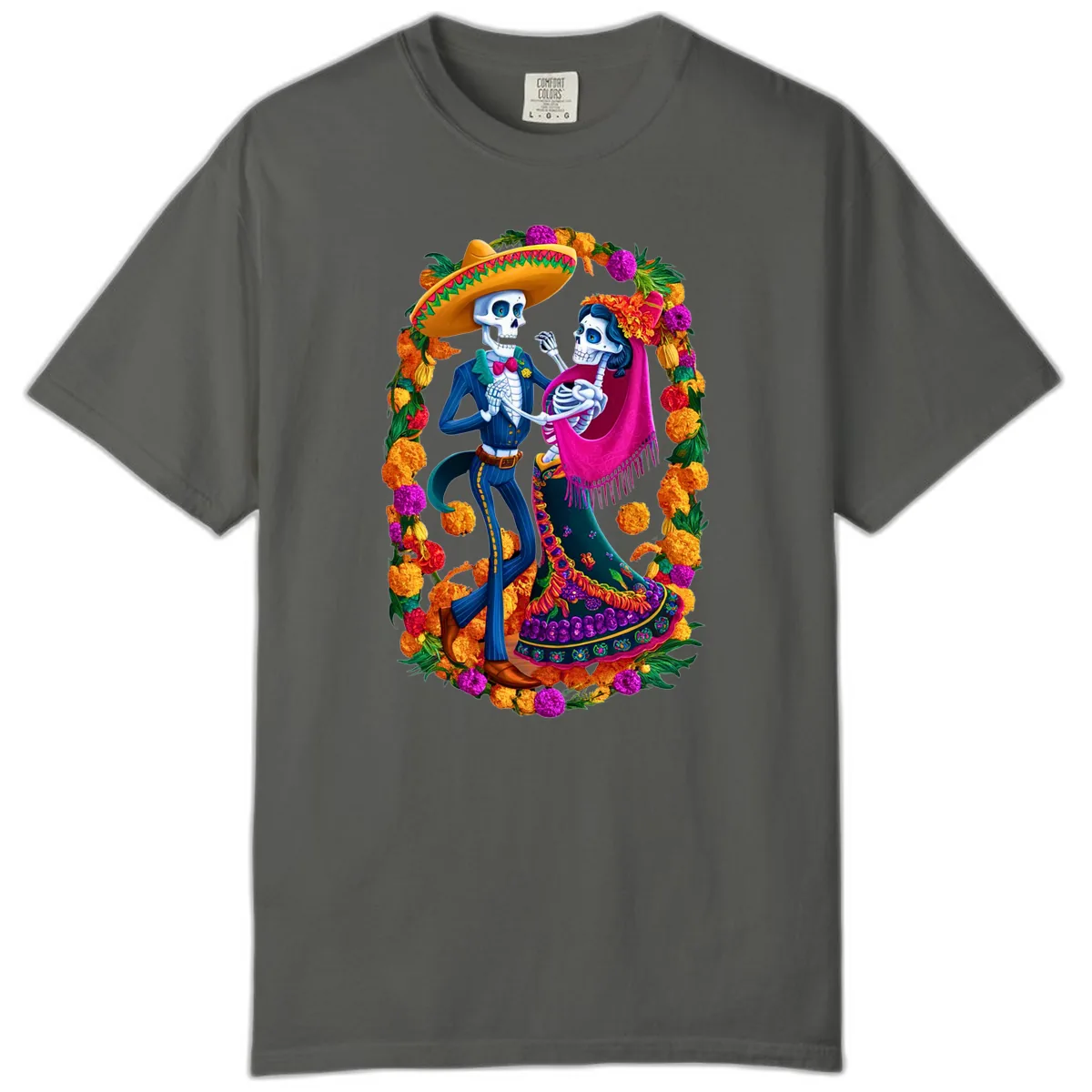 Dancing Calavera Couple in a Marigold Frame Comfort Color in Pepper