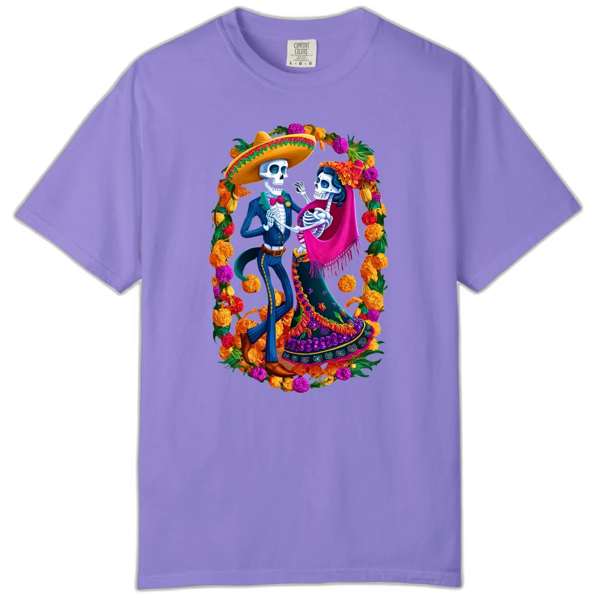 Dancing Calavera Couple in a Marigold Frame Comfort Color in Violet