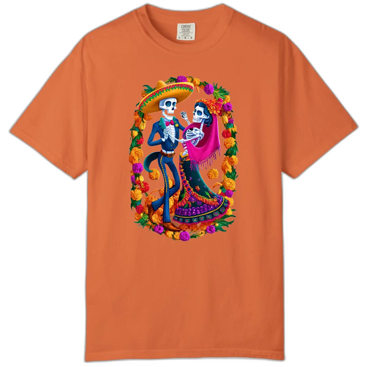 Dancing Calavera Couple in a Marigold Frame Comfort Color in Burnt Orange