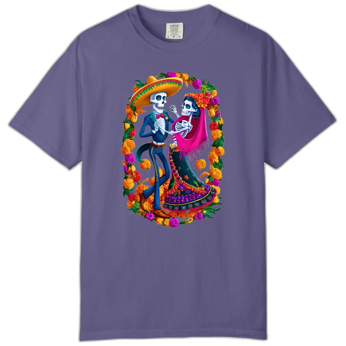 Dancing Calavera Couple in a Marigold Frame Comfort Color in Grape