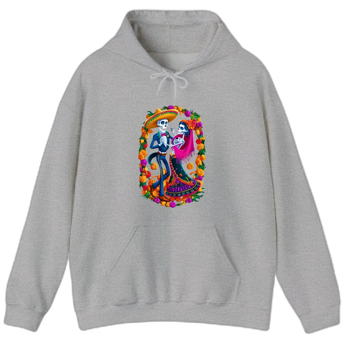 Dancing Calavera Couple in a Marigold Frame Hoodie in Sport Grey