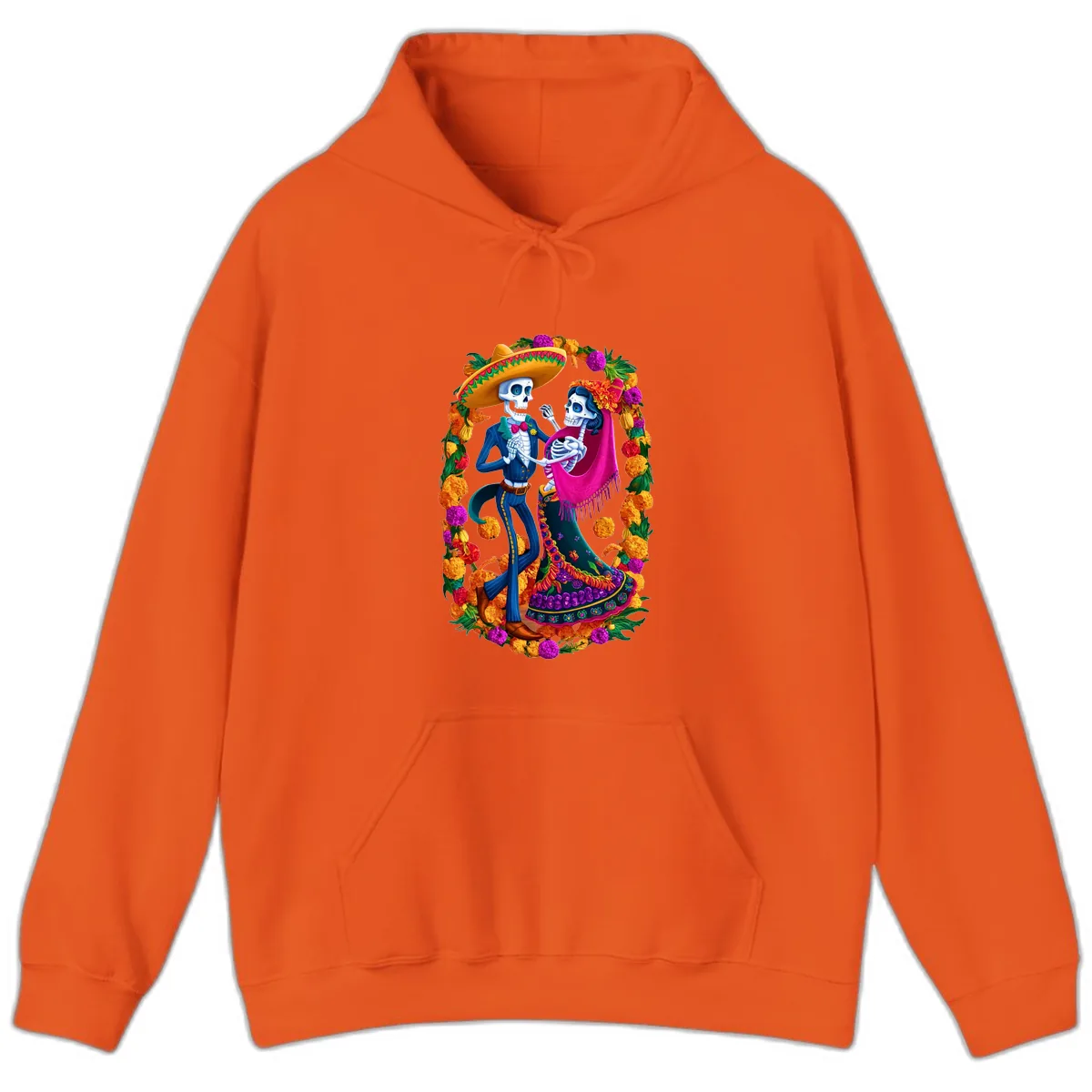 Dancing Calavera Couple in a Marigold Frame Hoodie in Orange
