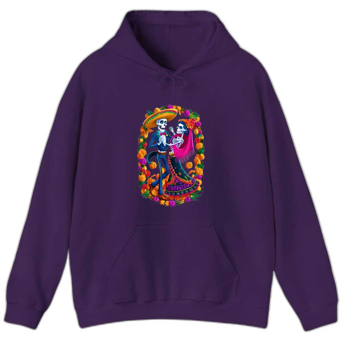Dancing Calavera Couple in a Marigold Frame Hoodie in Purple