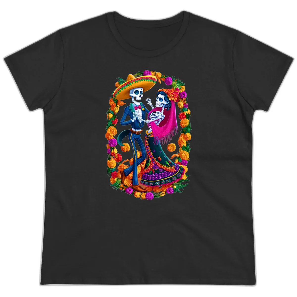 Dancing Calavera Couple in a Marigold Frame Ladies Tee in Black