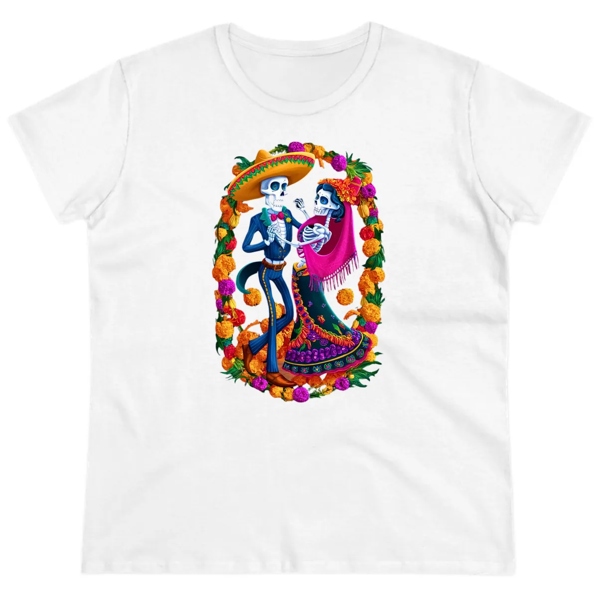 Dancing Calavera Couple in a Marigold Frame Ladies Tee in White