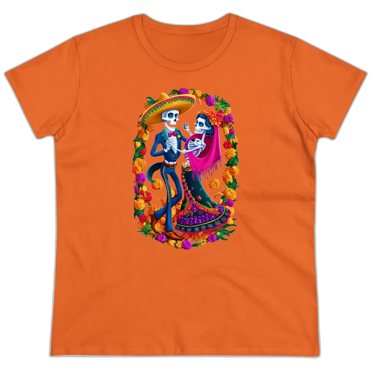 Dancing Calavera Couple in a Marigold Frame Ladies Tee in Orange