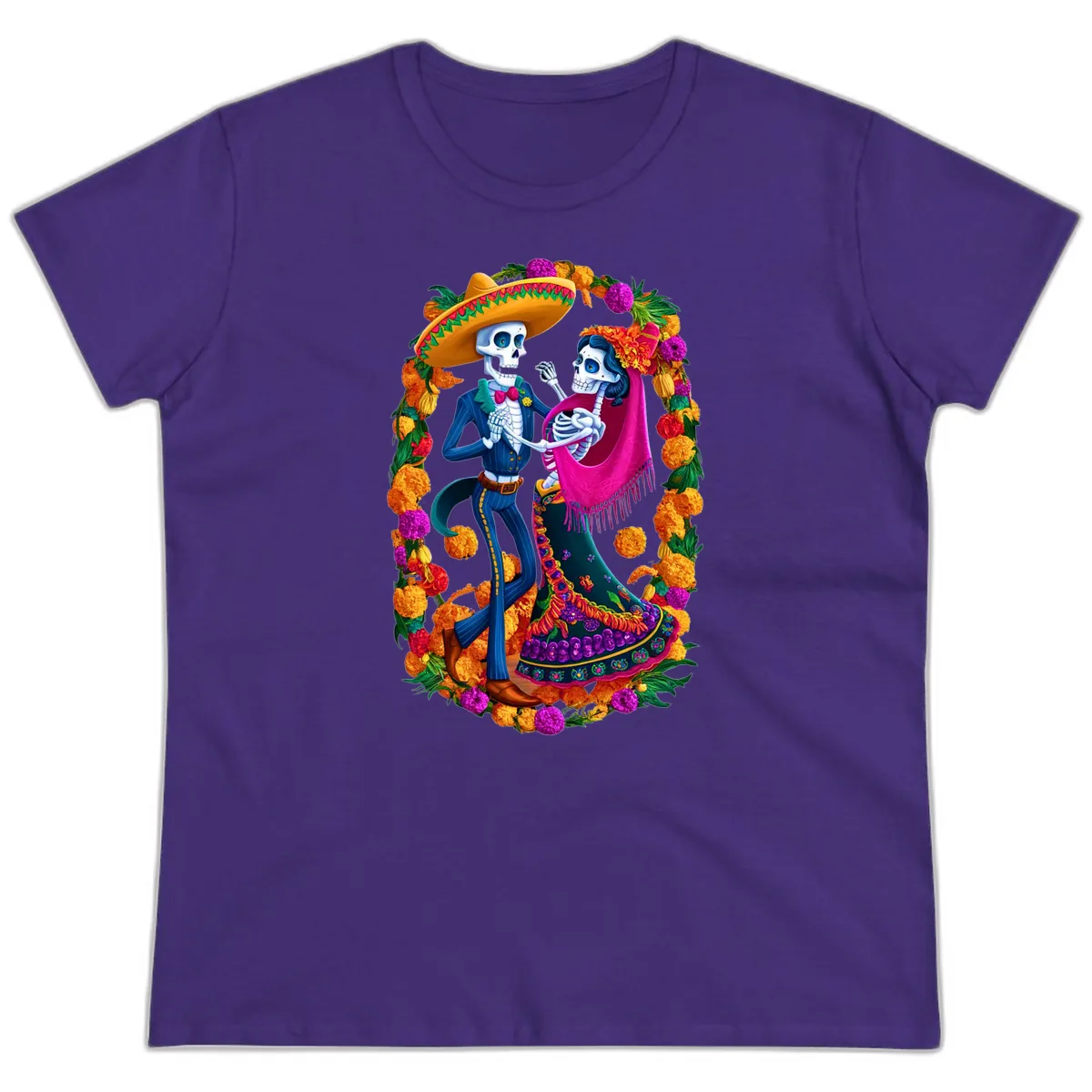Dancing Calavera Couple in a Marigold Frame Ladies Tee in Purple