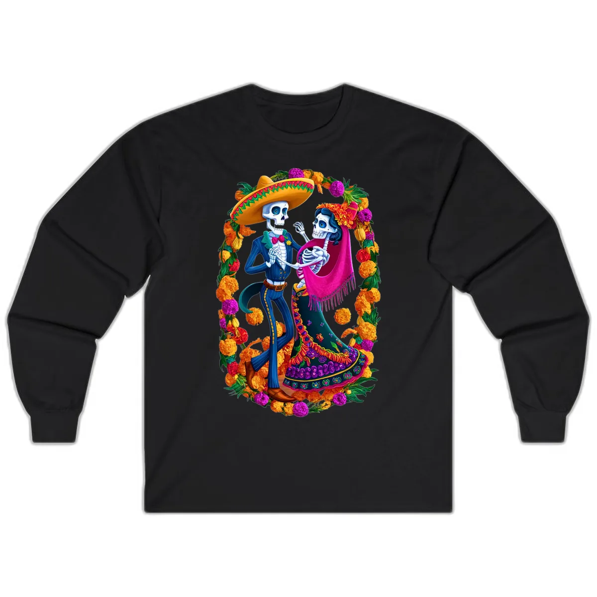 Dancing Calavera Couple in a Marigold Frame Long Sleeve in Black