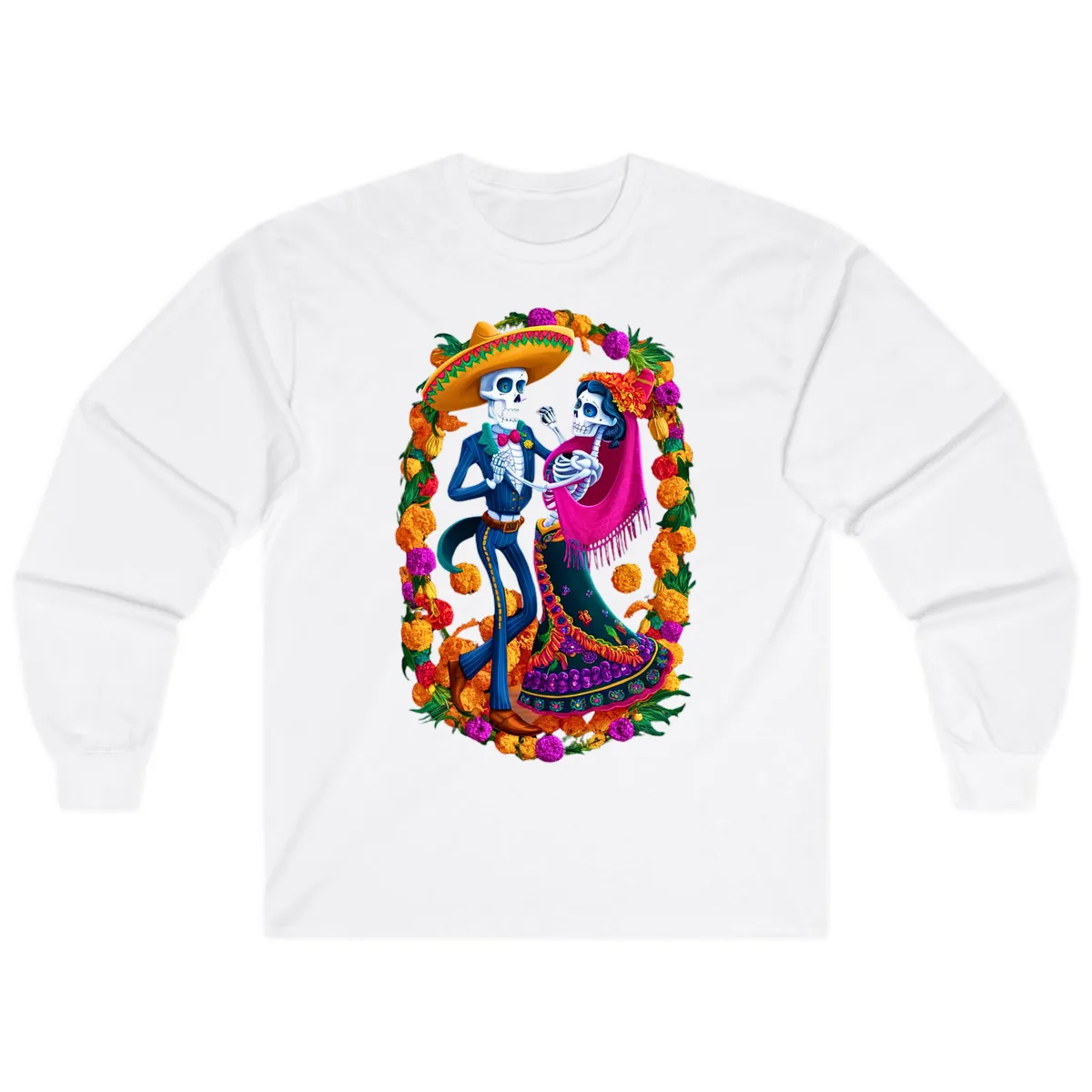 Dancing Calavera Couple in a Marigold Frame Long Sleeve in White
