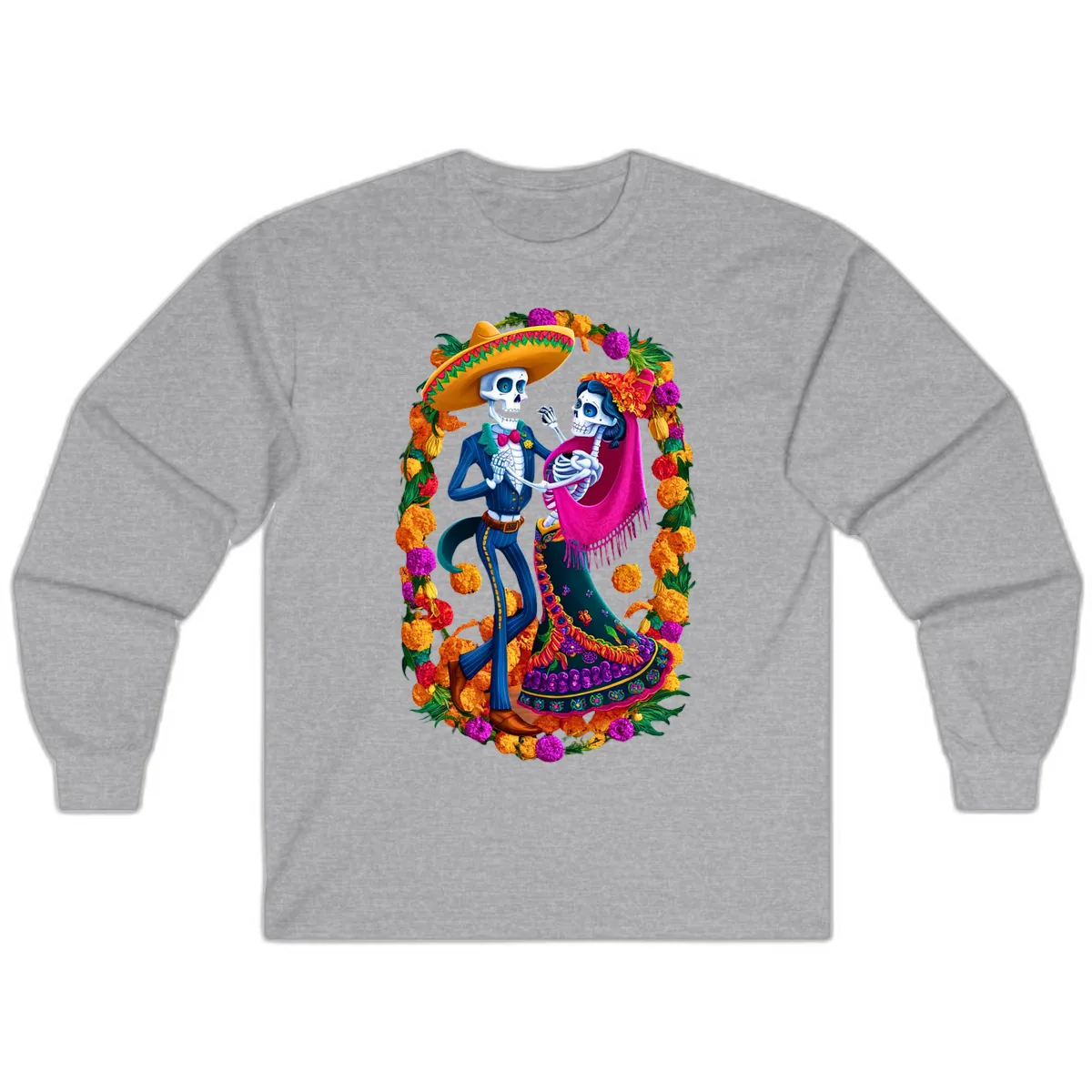 Dancing Calavera Couple in a Marigold Frame Long Sleeve in Sport Grey