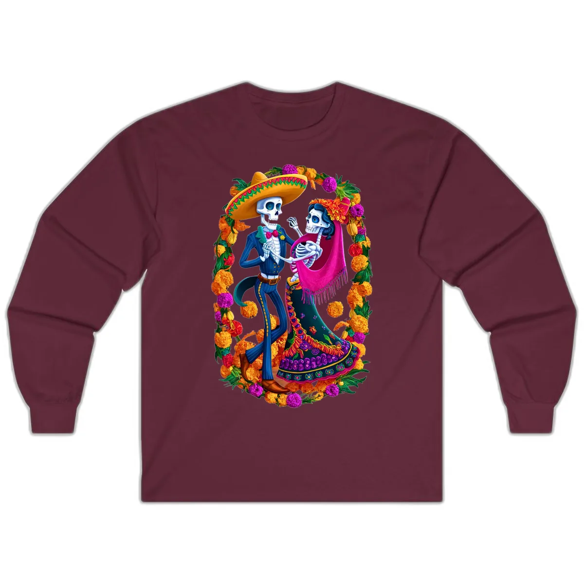 Dancing Calavera Couple in a Marigold Frame Long Sleeve in Maroon
