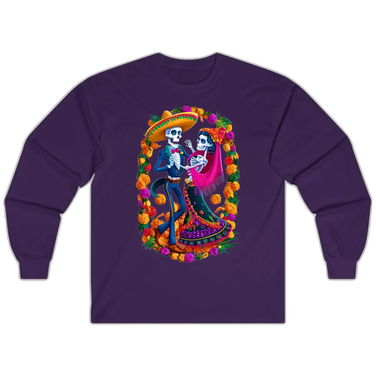 Dancing Calavera Couple in a Marigold Frame Long Sleeve in Purple
