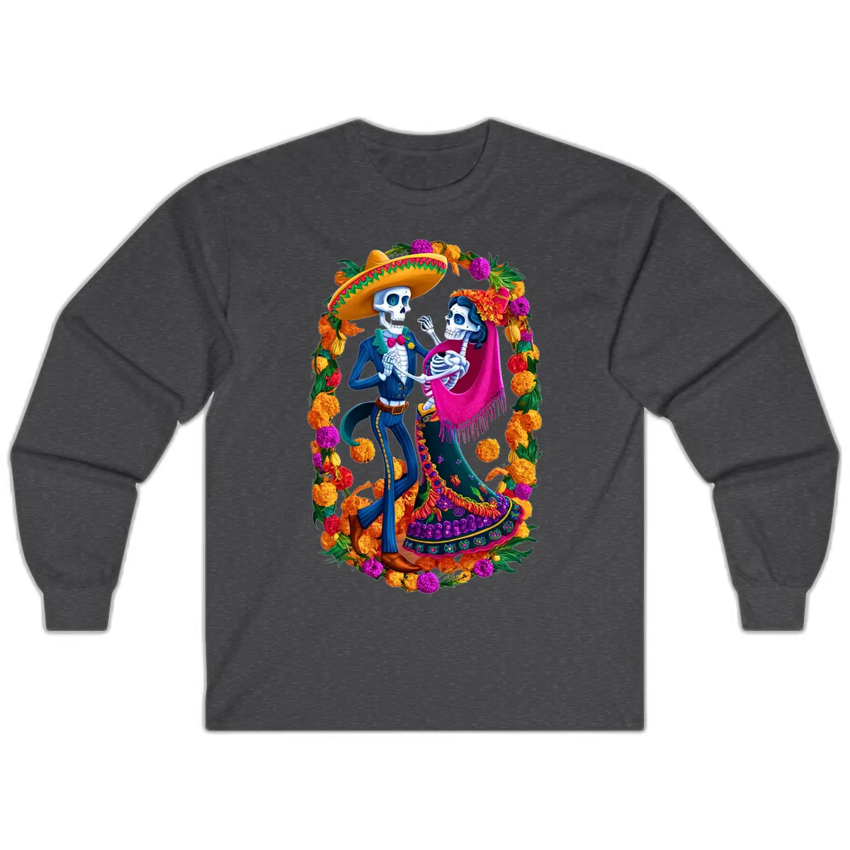 Dancing Calavera Couple in a Marigold Frame Long Sleeve in Dark Heather