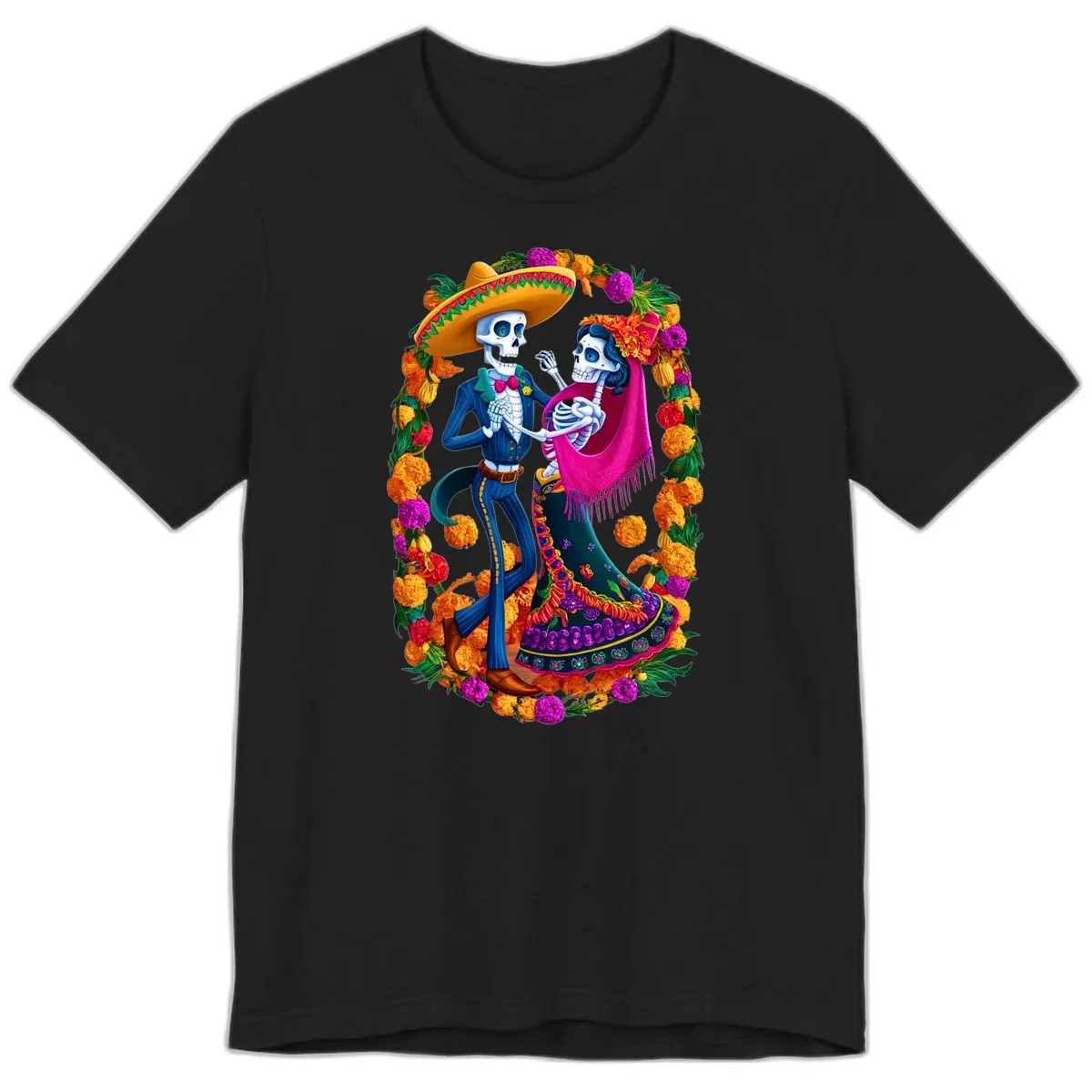 Dancing Calavera Couple in a Marigold Frame Premium T-Shirt in Black