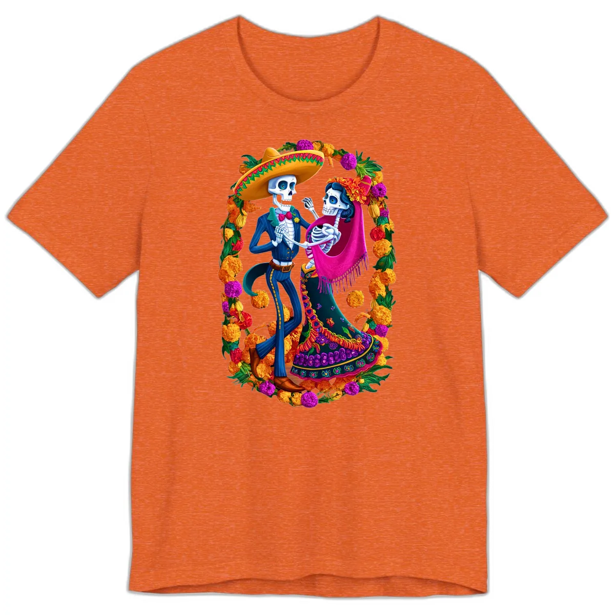 Dancing Calavera Couple in a Marigold Frame Premium T-Shirt in Heather Orange