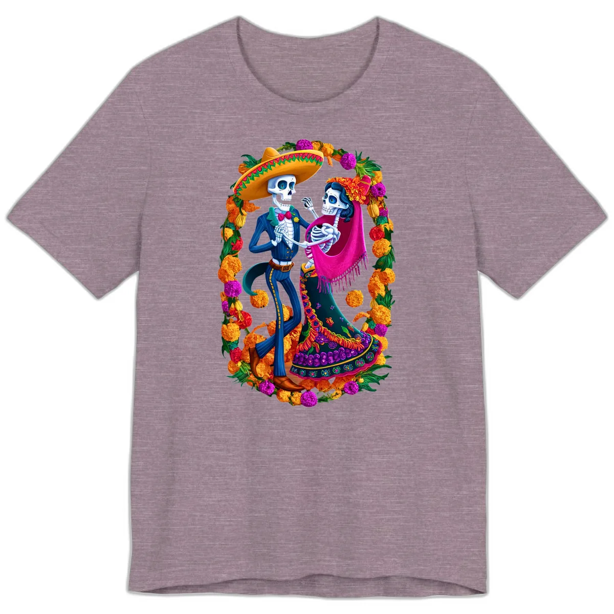 Dancing Calavera Couple in a Marigold Frame Premium T-Shirt in Heather Purple