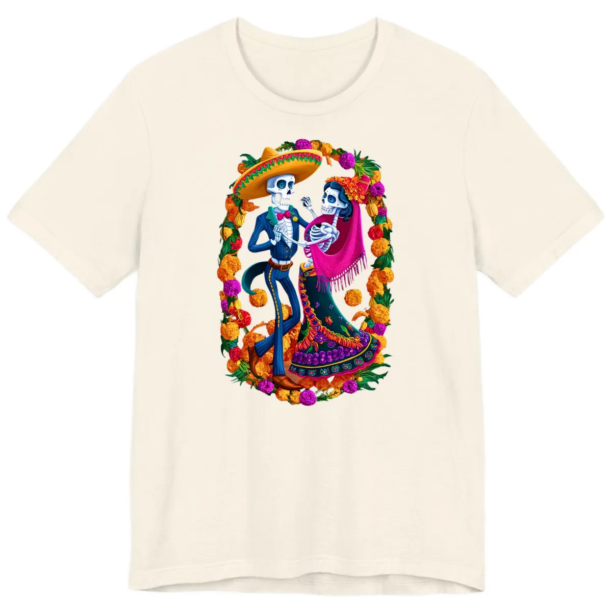 Dancing Calavera Couple in a Marigold Frame Premium T-Shirt in Natural