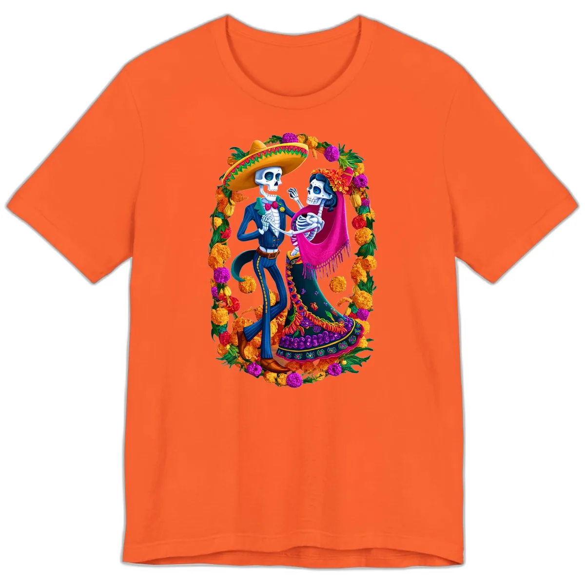 Dancing Calavera Couple in a Marigold Frame Premium T-Shirt in Orange