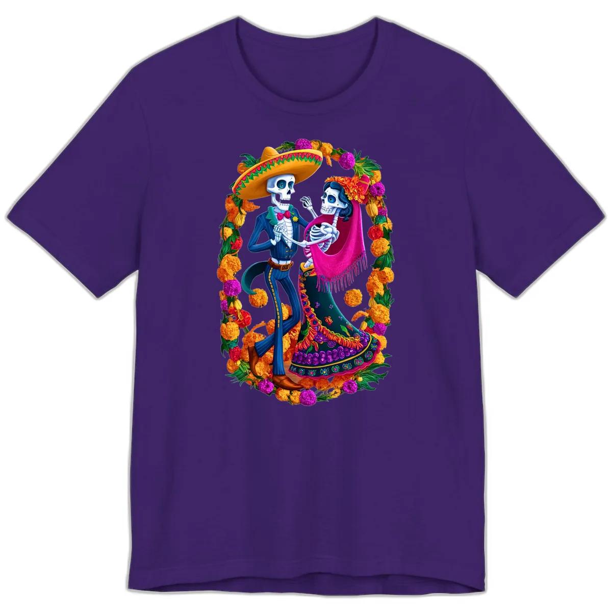 Dancing Calavera Couple in a Marigold Frame Premium T-Shirt in Team Purple