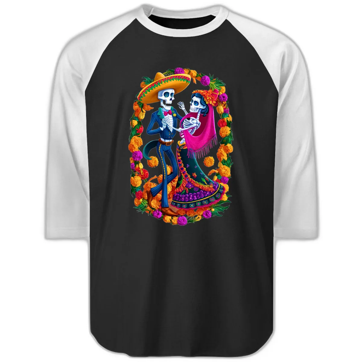 Dancing Calavera Couple in a Marigold Frame Raglan 3/4 in Black White