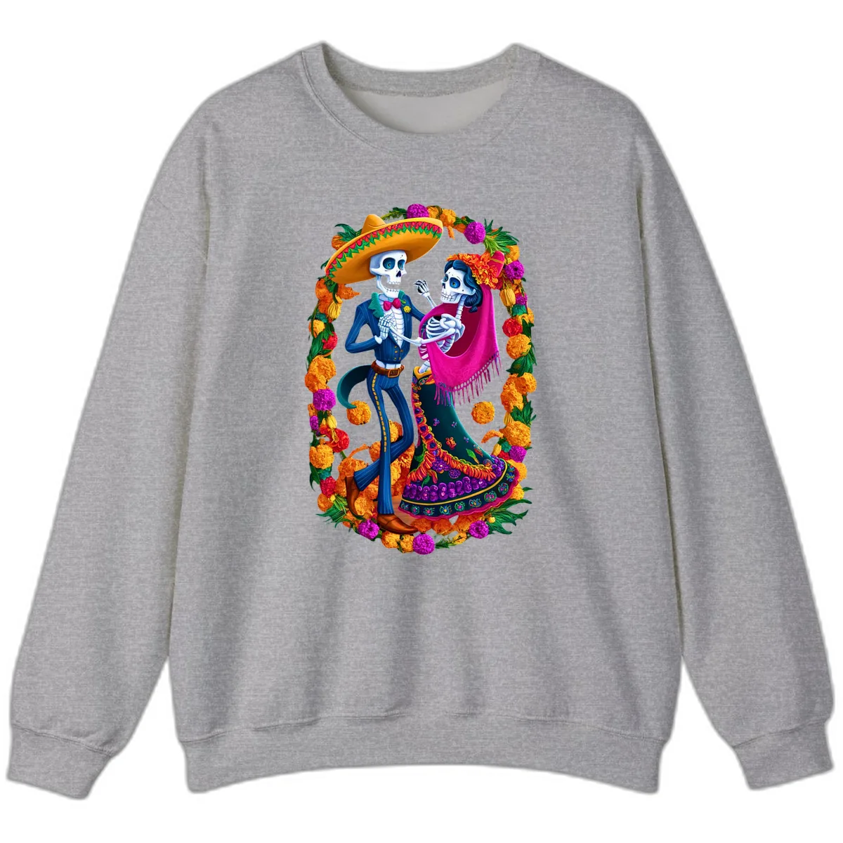 Dancing Calavera Couple in a Marigold Frame Sweatshirt in Sport Grey