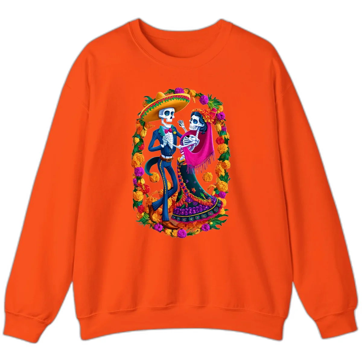 Dancing Calavera Couple in a Marigold Frame Sweatshirt in Orange