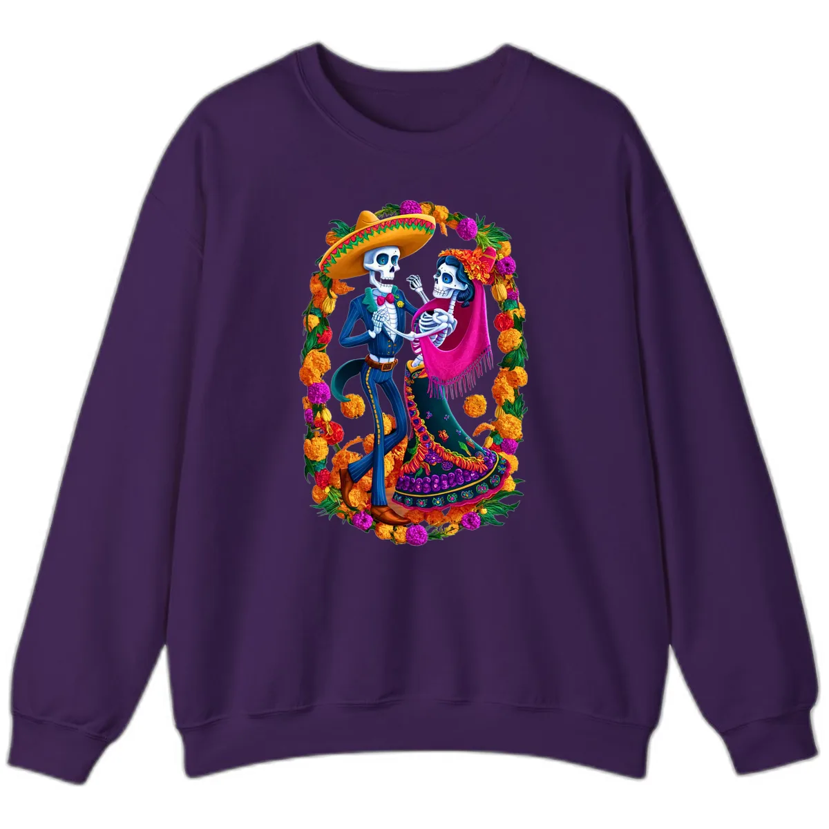 Dancing Calavera Couple in a Marigold Frame Sweatshirt in Purple