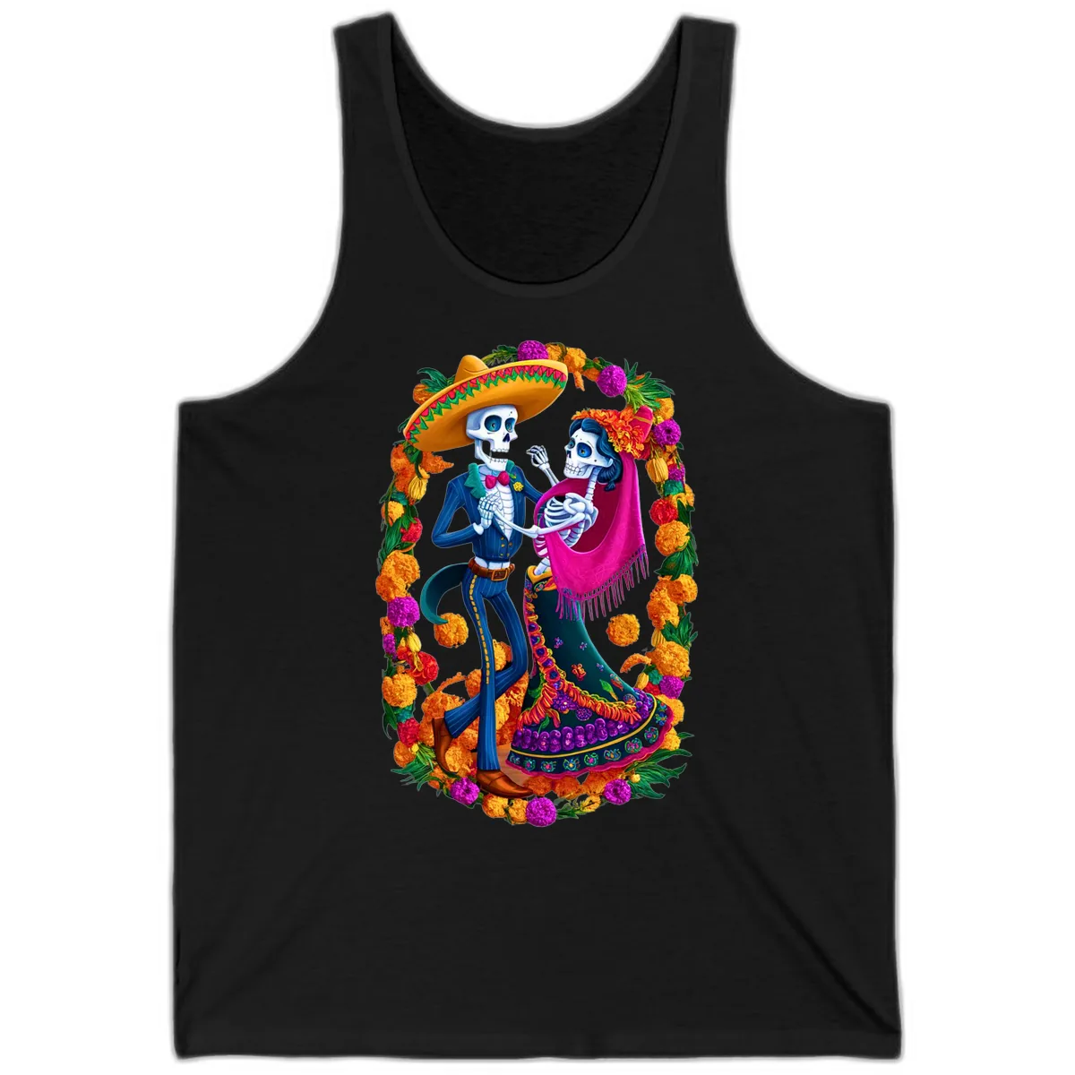 Dancing Calavera Couple in a Marigold Frame Tank in Black