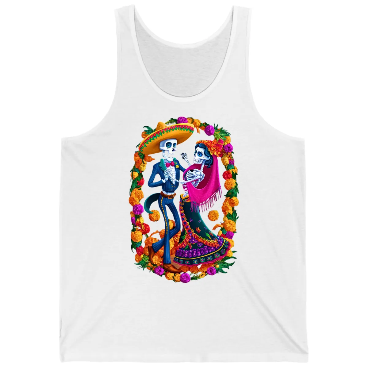 Dancing Calavera Couple in a Marigold Frame Tank in White