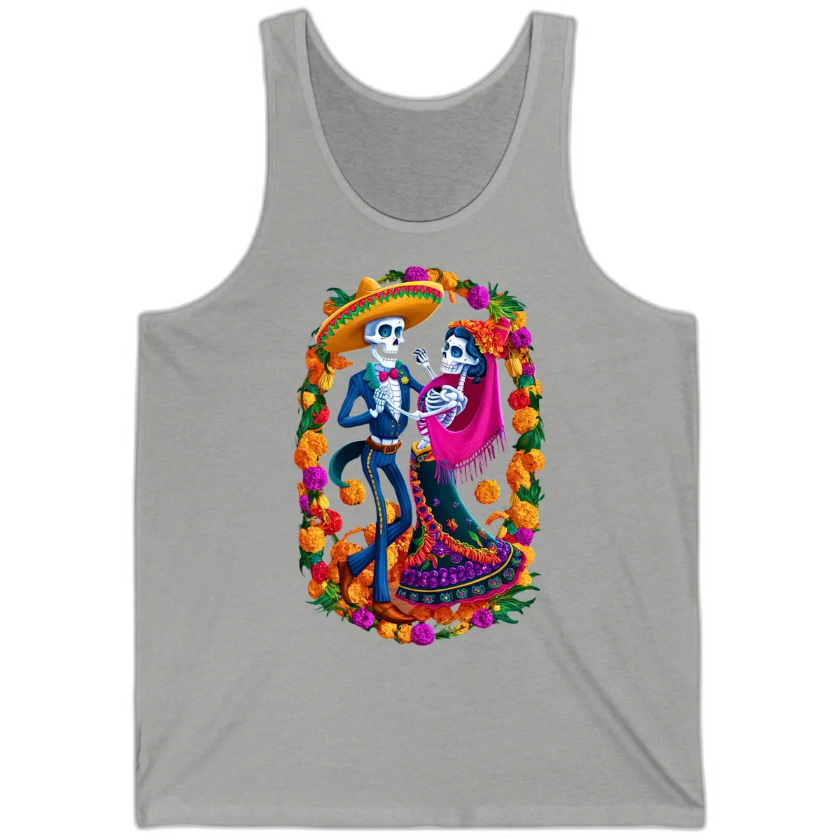 Dancing Calavera Couple in a Marigold Frame Tank in Athletic Heather