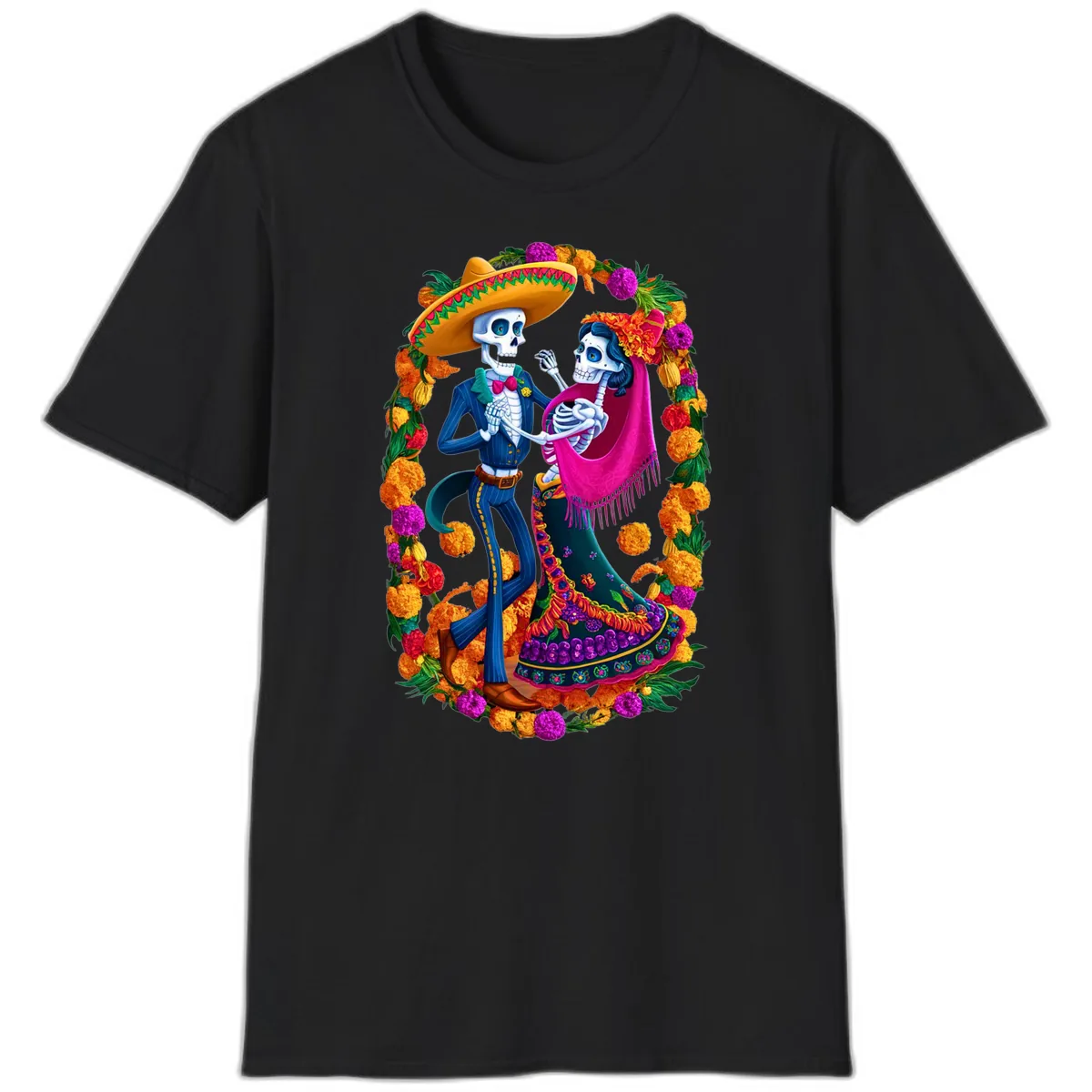 Dancing Calavera Couple in a Marigold Frame T-Shirt in Black