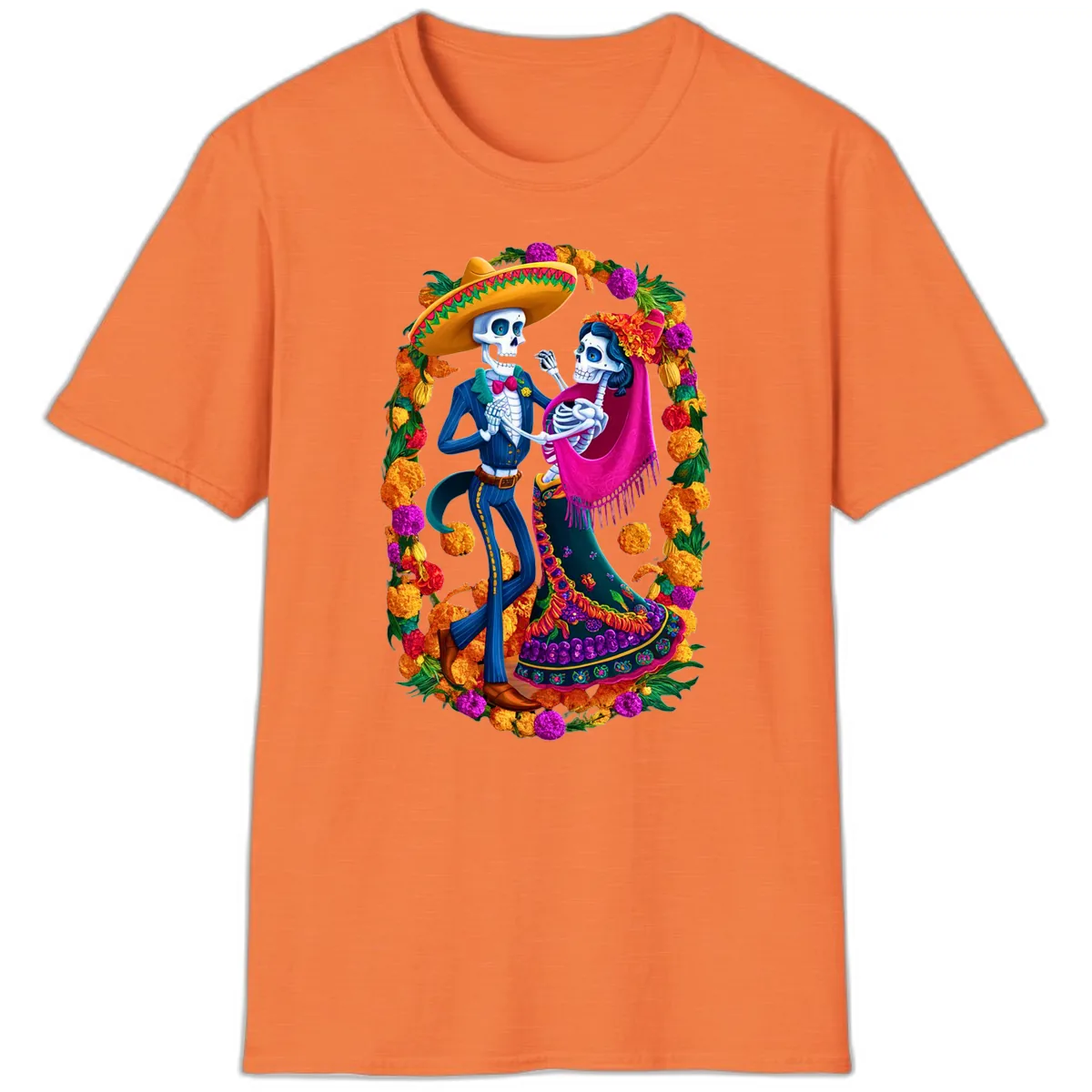 Dancing Calavera Couple in a Marigold Frame T-Shirt in Heather Orange