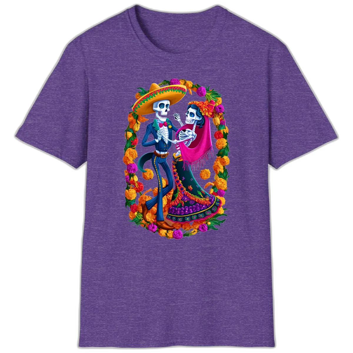 Dancing Calavera Couple in a Marigold Frame T-Shirt in Heather Purple
