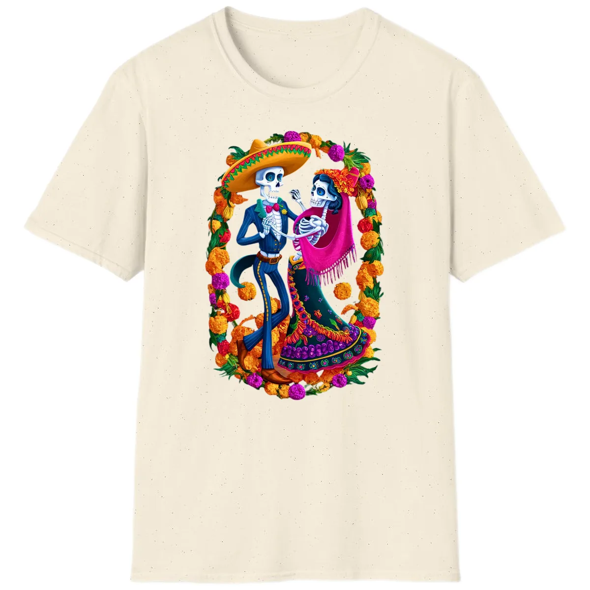 Dancing Calavera Couple in a Marigold Frame T-Shirt in Natural