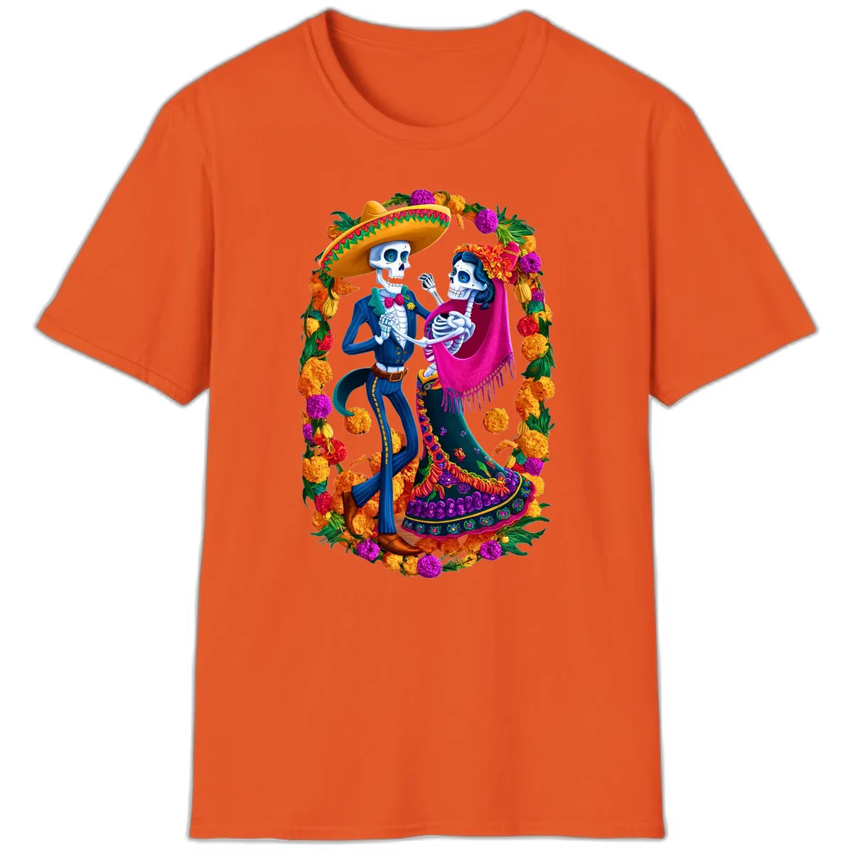 Dancing Calavera Couple in a Marigold Frame T-Shirt in Orange
