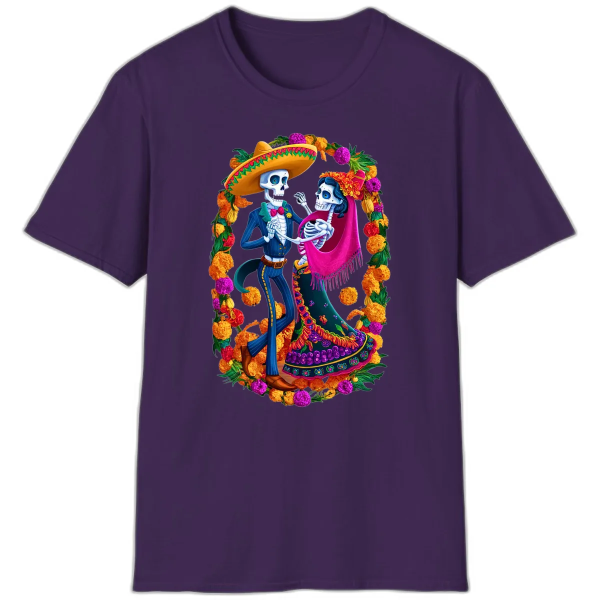 Dancing Calavera Couple in a Marigold Frame T-Shirt in Purple