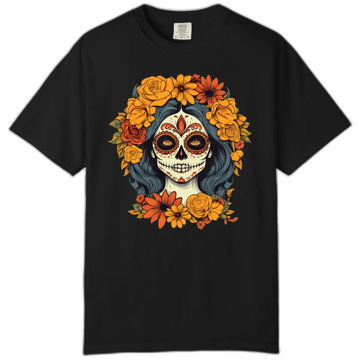 Day of the Dead Calavera Woman with Floral Crown Comfort Color in Black