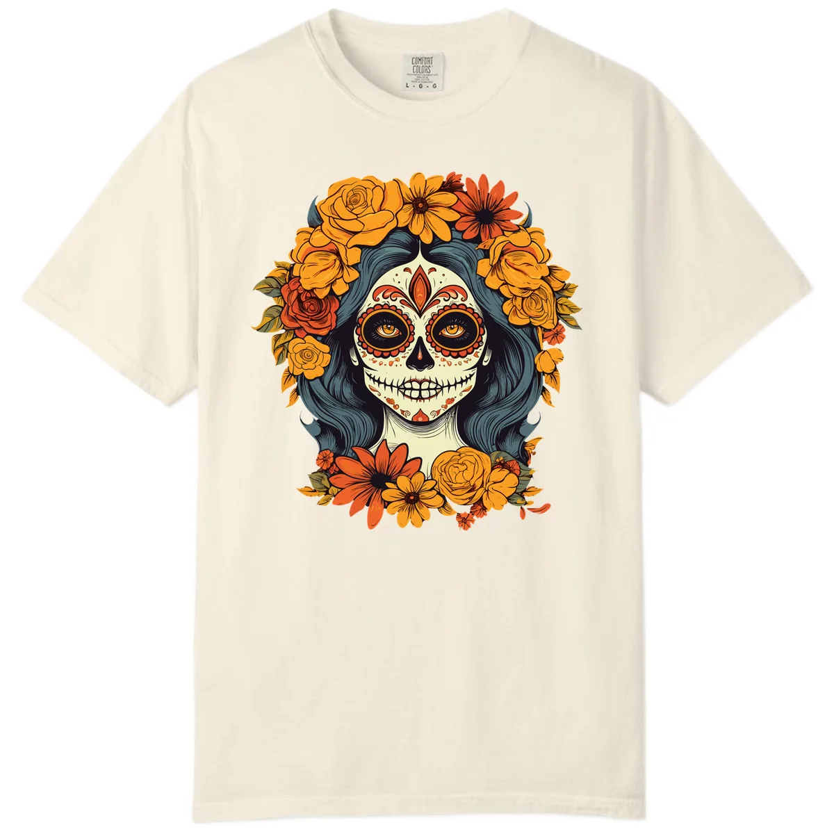 Day of the Dead Calavera Woman with Floral Crown Comfort Color in Ivory