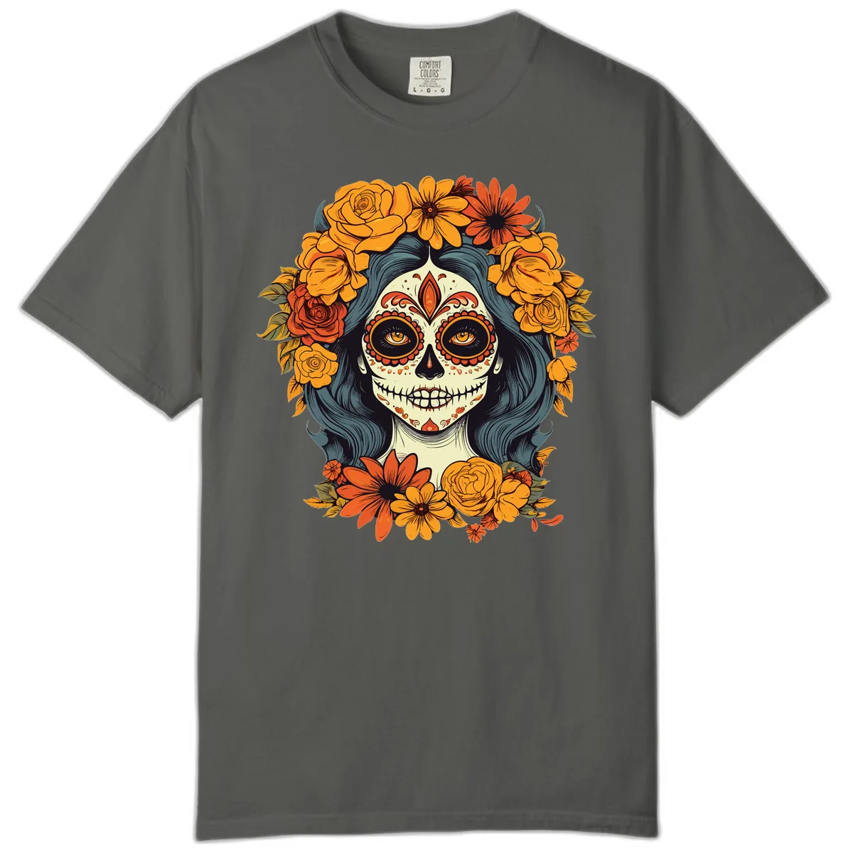 Day of the Dead Calavera Woman with Floral Crown Comfort Color in Pepper