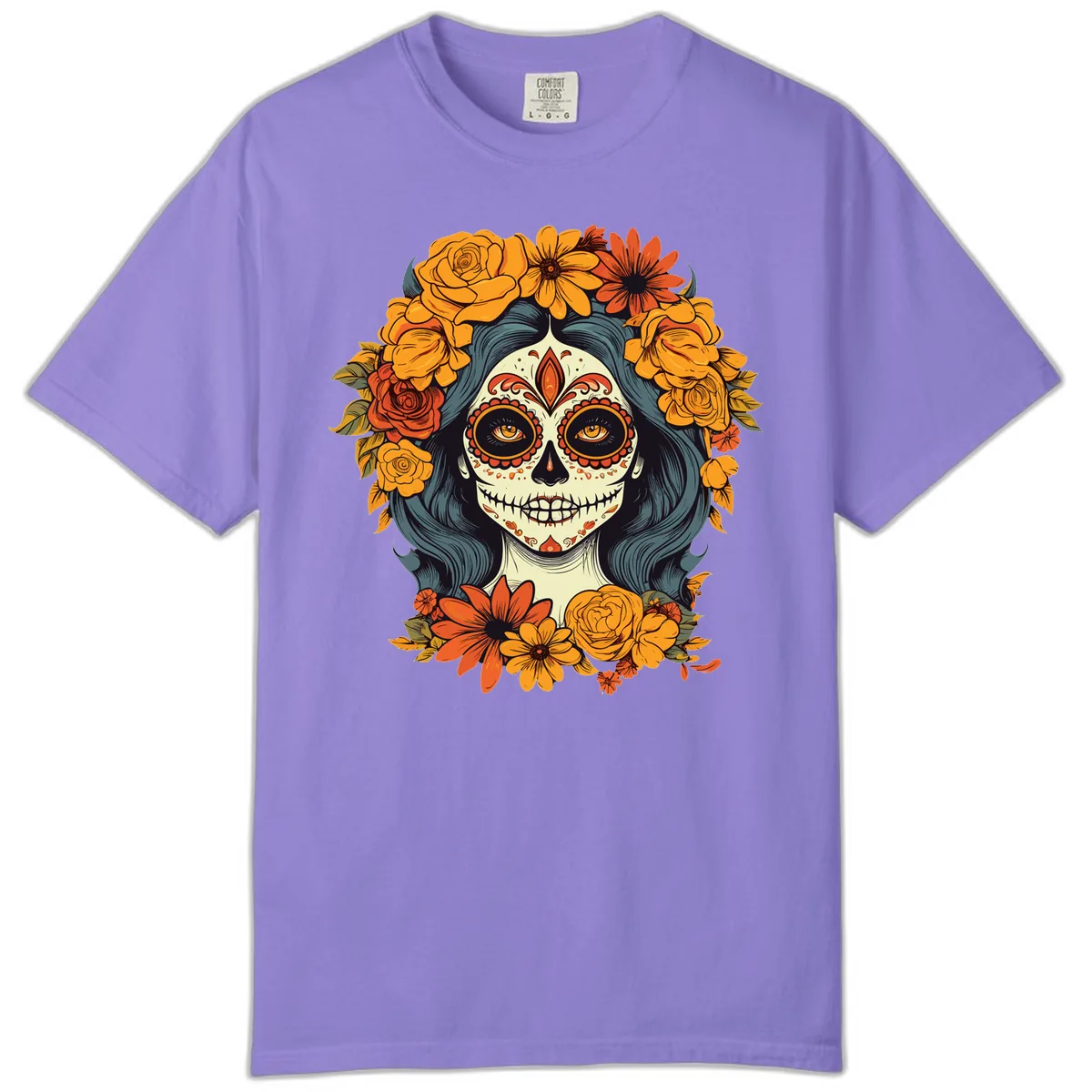 Day of the Dead Calavera Woman with Floral Crown Comfort Color in Violet