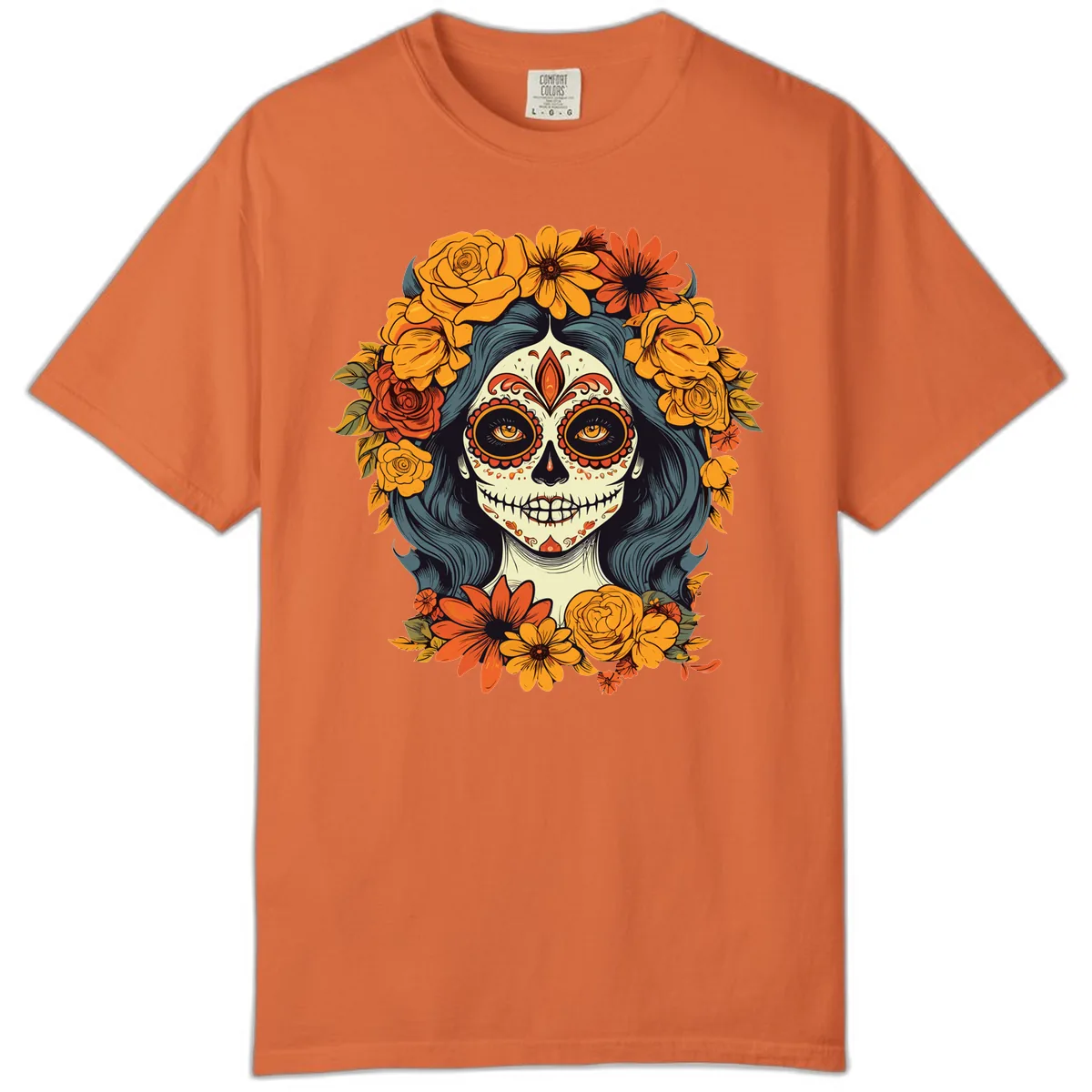 Day of the Dead Calavera Woman with Floral Crown Comfort Color in Burnt Orange
