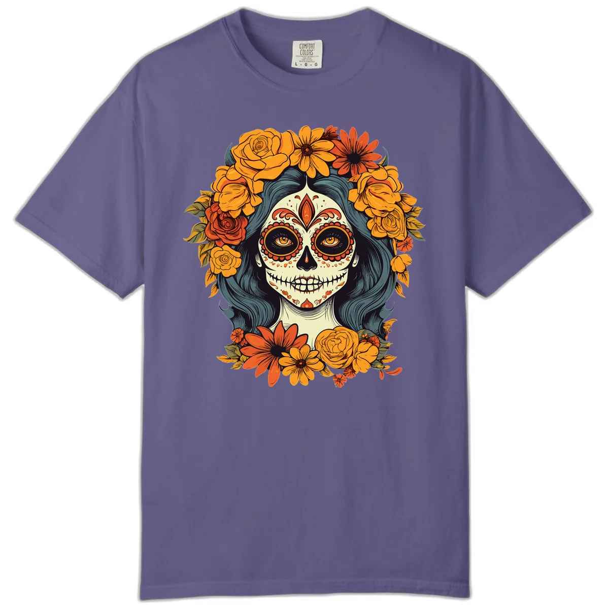 Day of the Dead Calavera Woman with Floral Crown Comfort Color in Grape