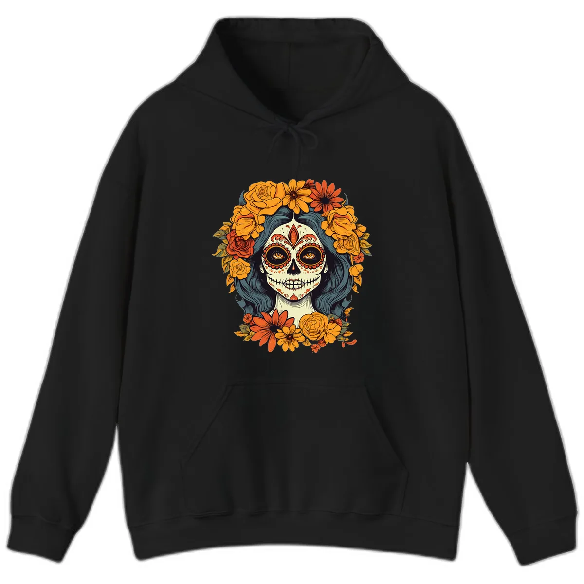 Day of the Dead Calavera Woman with Floral Crown Hoodie in Black