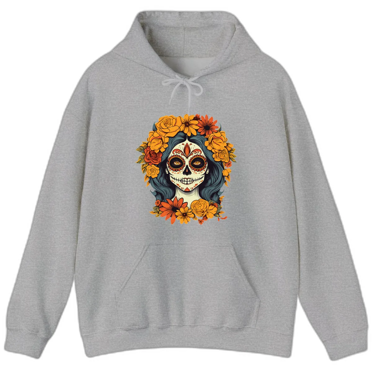 Day of the Dead Calavera Woman with Floral Crown Hoodie in Sport Grey