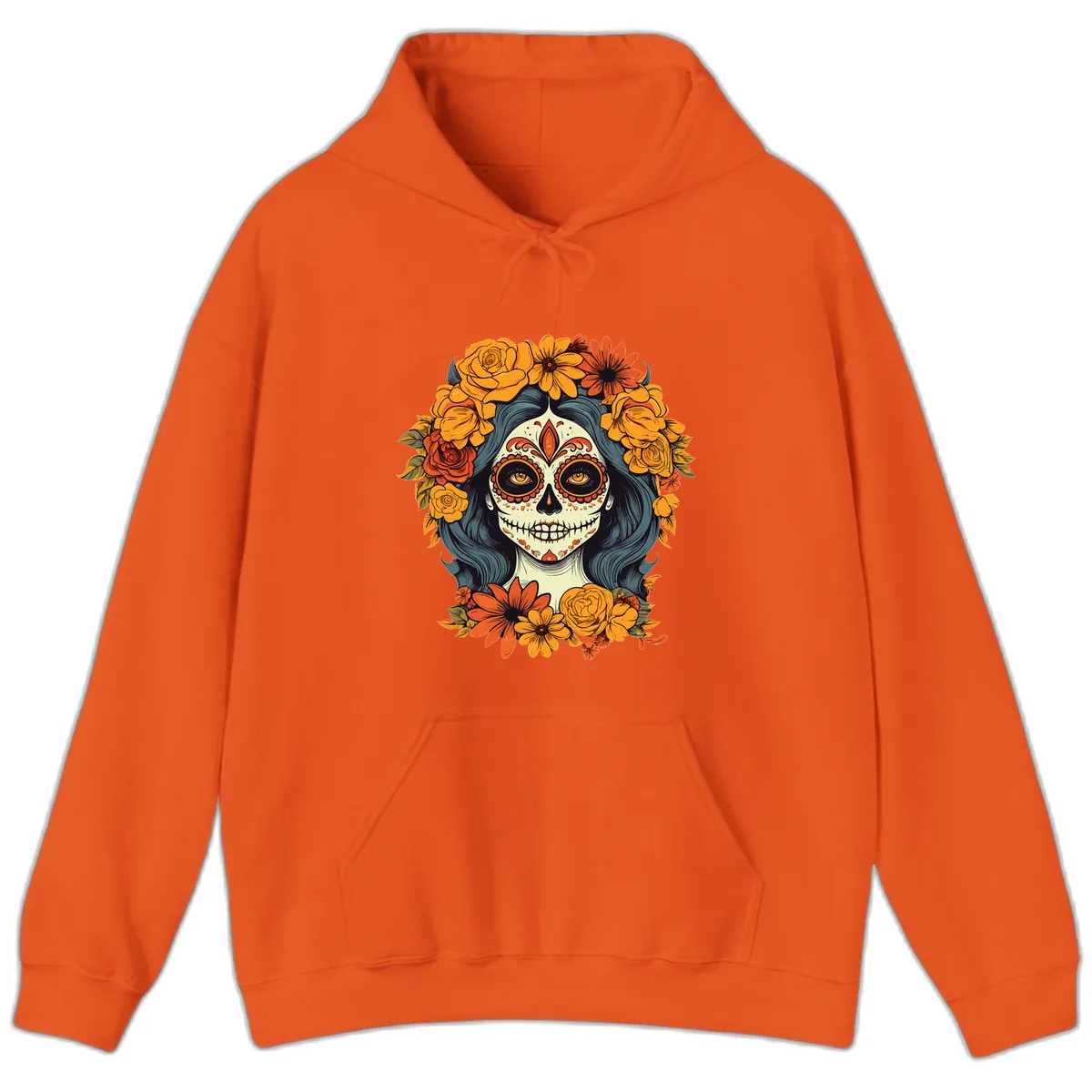 Day of the Dead Calavera Woman with Floral Crown Hoodie in Orange