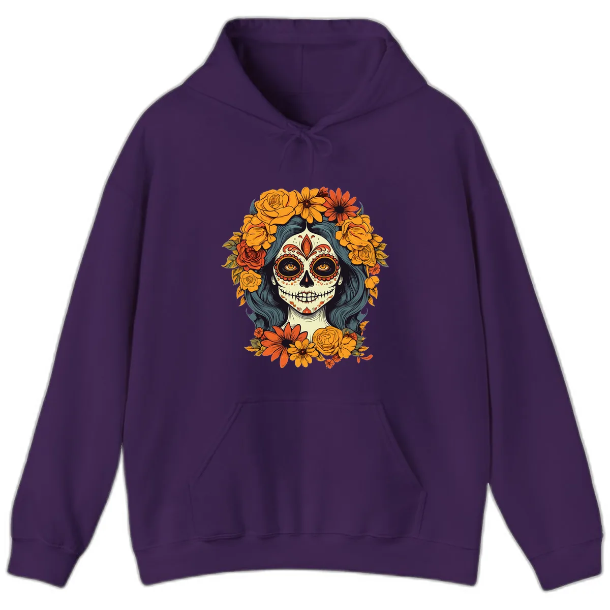 Day of the Dead Calavera Woman with Floral Crown Hoodie in Purple