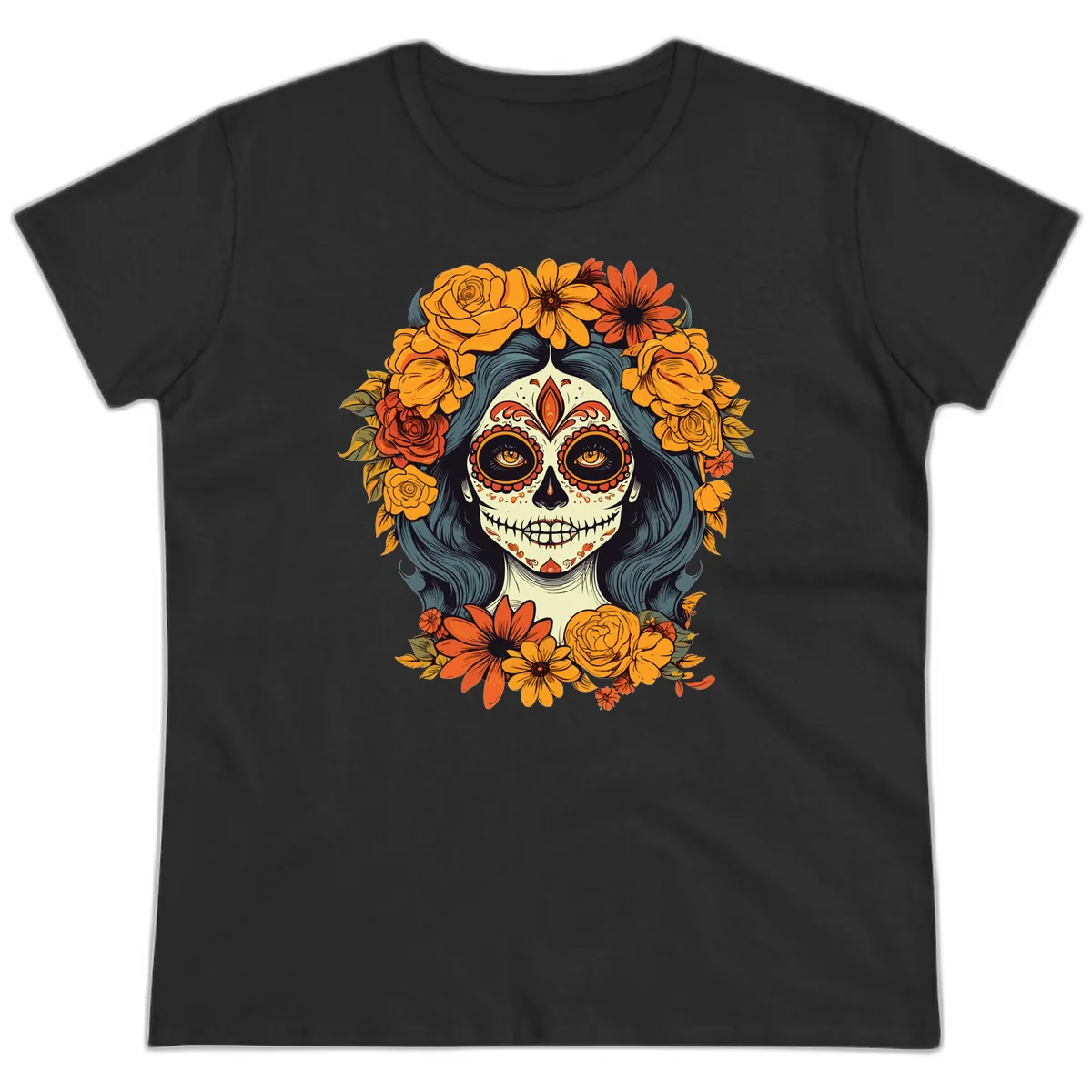 Day of the Dead Calavera Woman with Floral Crown Ladies Tee in Black