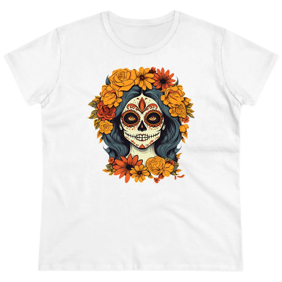 Day of the Dead Calavera Woman with Floral Crown Ladies Tee in White